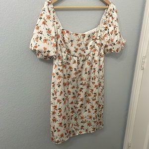 Orange Flowered Puff Sleeve Dress